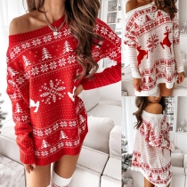 Fashion Snowflake Elk Printed Long Sleeve Round Neck Sweatshirt
