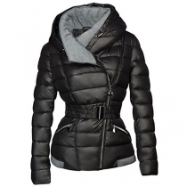 Fashion Long Sleeve Oblique Zipper Hooded Padded Coat(It falls small)