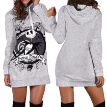 Fashion Long Sleeve Hooded Printed Sweatshirt Dress