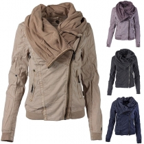 Fashion Solid Color Long Sleeve Oblique Zipper Hooded Coat