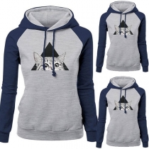 Cute Cat Printed Contrast Color Long Sleeve Hooded Sweatshirt