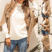 Fashion Solid Color Faux Fur Spliced Collar Tassel Hem Knit Shawl Cardigan 