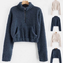 Fashion Solid Color Long Sleeve Stand Collar Plush Sweatshirt