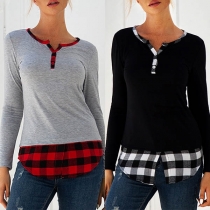 Fashion Plaid Spliced Long Sleeve V-neck T-shirt