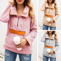 Fashion Contrast Color Long Sleeve Hooded Plush Sweatshirt 