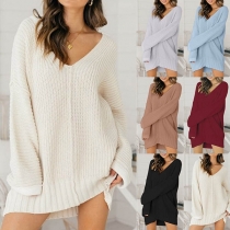 Fashion Solid Color Long Sleeve V-neck Loose Sweater Dress