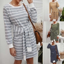 Fashion Long Sleeve Round Neck Lace-up Striped Dress