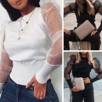 Fashion Gauze Spliced Long Sleeve Solid Color Knit Top 