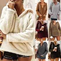 Fashion Solid Color Long Sleeve Hooded Plush Sweatshirt