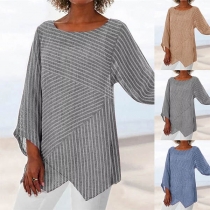 Fashion Long Sleeve Round Neck Irregular Hem Striped Top