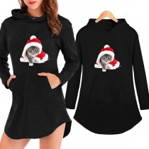 Cute Cat Printed Long Sleeve Hooded Sweatshirt Dress （Size Run Big）