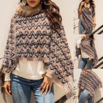 Fashion Faux Fur SPliced Collar Irregular Tassel Hem Knit Cloak 