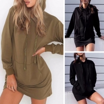 Fashion Solid Color Long Sleeve Hooded Sweatshirt Dress