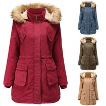 Fashion Solid Color Faux Fur Spliced Hooded Plush Lining Coat