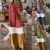 Sexy V-neck Long Sleeve Contrast Color Maxi Dress