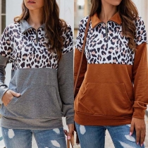 Fashion Leopard Spliced Long Sleeve Stand Collar Sweatshirt