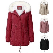Fashion Faux Fur Spliced Detachable Hooded Plush Lining Padded Coat 