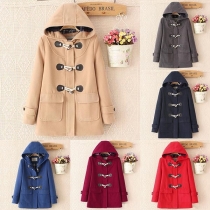 Mode Enfärgad Långärmad Hooded Horn Button Woolen Coat