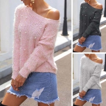 Fashion Solid Color Long Sleeve Round Neck Beaded Sweater