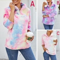 Fashion Color Gradient Long Sleeve Stand Collar Plush Sweatshirt 