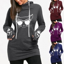 Cute Cat Printed Long Sleeve Hooded Sweatshirt 