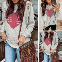 Chic Style Long Sleeve Heart Pattern Ripped Sweatshirt 