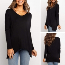 Fashion Solid Color Long Sleeve V-neck Irregular Hem T-shirt 
