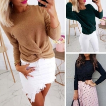 Fashion Solid Color Long Sleeve Round Neck Twisted Hem Sweatshirt 