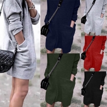 Fashion Solid Color Long Sleeve Mock Neck Front-pocket Dress