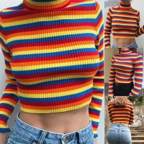 Mode Långärmad Mock Neck Rainbow Randig Knit Crop Top
