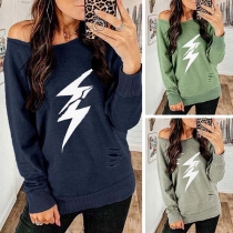 Fashion Lightning Printed Long Sleeve Boat Neck Ripped Sweatshirt 
