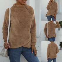 Fashion Solid Color Side Zipper Irregular Hem Plush Sweatshirt 
