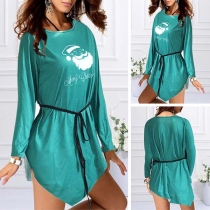 Cute Santa Claus Printed Long Sleeve Irregular Hem Dress