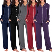 Fashion Solid Color Long Sleeve Lapel Top + Pants Nightwear Set