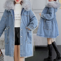 Fashion Faux Fur Spliced Hooded Drawstring Waist Denim Coat