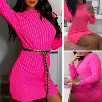 Fashion Solid Color Long Sleeve Round Neck Slim Fit Knit Dress