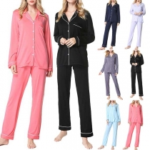 Fashion Solid Color Long Sleeve Lapel Top + Pants Nightwear Set