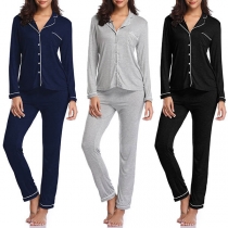 Fashion Solid Color Long Sleeve Top + Pants Nightwear Set