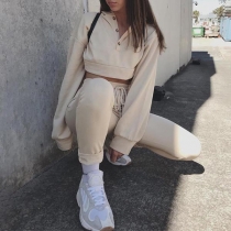 Sexy Long Sleeve Hooded Crop Top + Pants Two-piece Set