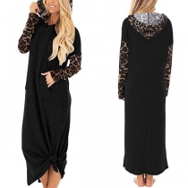 Fashion Leopard Spliced Long Sleeve Hooded Dress