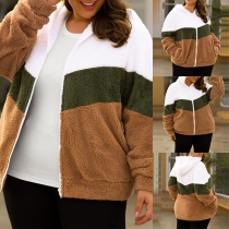 Fashion Contrast Color Long Sleeve Hooded Plush Coat
