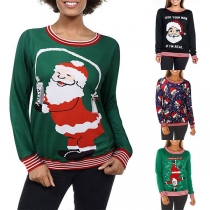 Cute Santa Claus Printed Long Sleeve Round Neck Sweatshirt