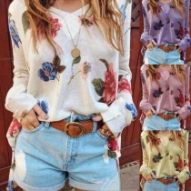 Fashion Long Sleeve V-neck Printed Knit Top