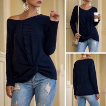 Fashion Solid Color Long Sleeve V-neck Twisted Hem Top