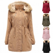Fashion Faux Fur Spliced Hooded Plush Lining Warm Coat