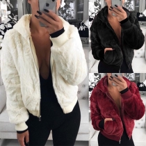 Fashion Solid Color Long Sleeve Hooded Plush Coat