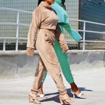 Sexy Long Sleeve High Collar Plush Crop Top + Pants Two-piece Set