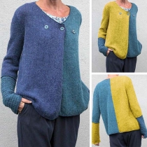 Fashion Contrast Color Long Sleeve V-neck Knit Top