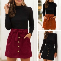 Fashion Solid Color High Waist Front-button Skirt