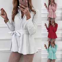 Fashion Solid Color Long Sleeve POLO Collar Shirt with Waist Strap
